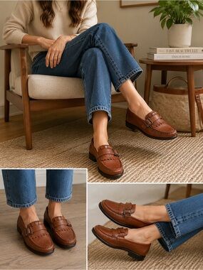 Earth Shoe Gelron 2000 Leather Loafers Buckle & Fringe Detail Classic Comfort